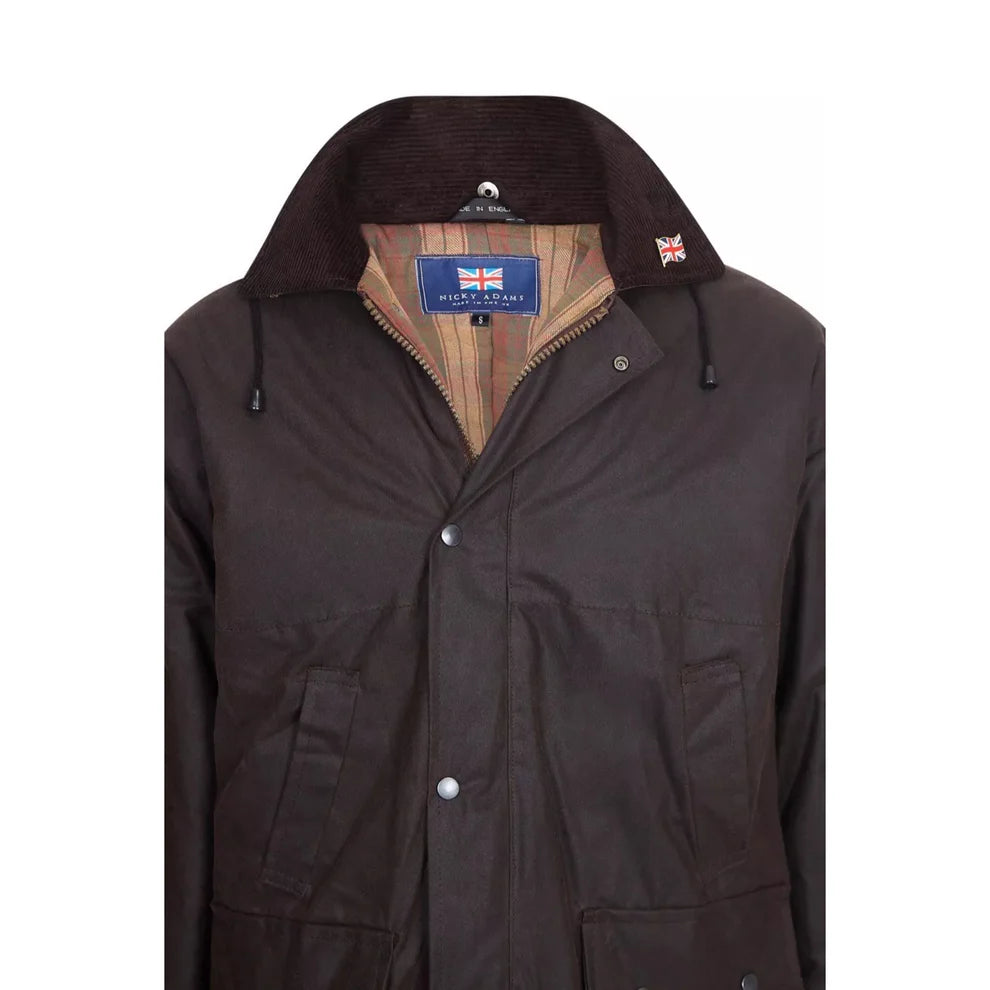 Shop the Nicky Adams 100% Waterproof Wax Jacket featuring a classic British design, checked lining, corduroy collar, adjustable hood, and durable all-weather protection