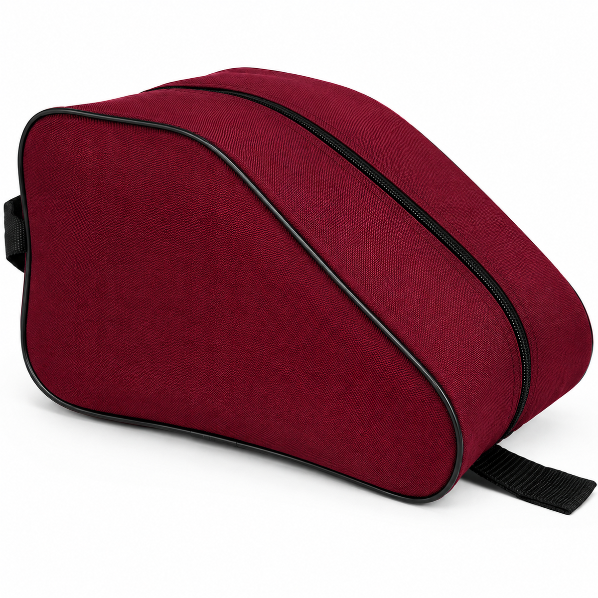 Burgundy waterproof boot bag with a curved zip opening and durable fabric finish