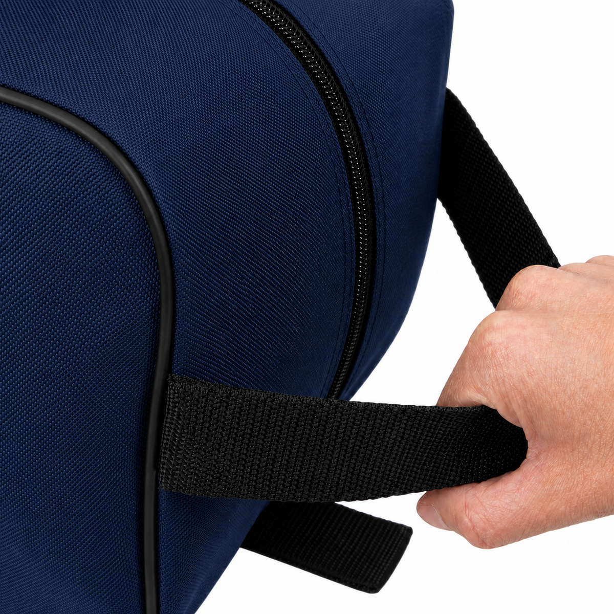 Navy waterproof boot bag with a curved zip opening and durable fabric finish