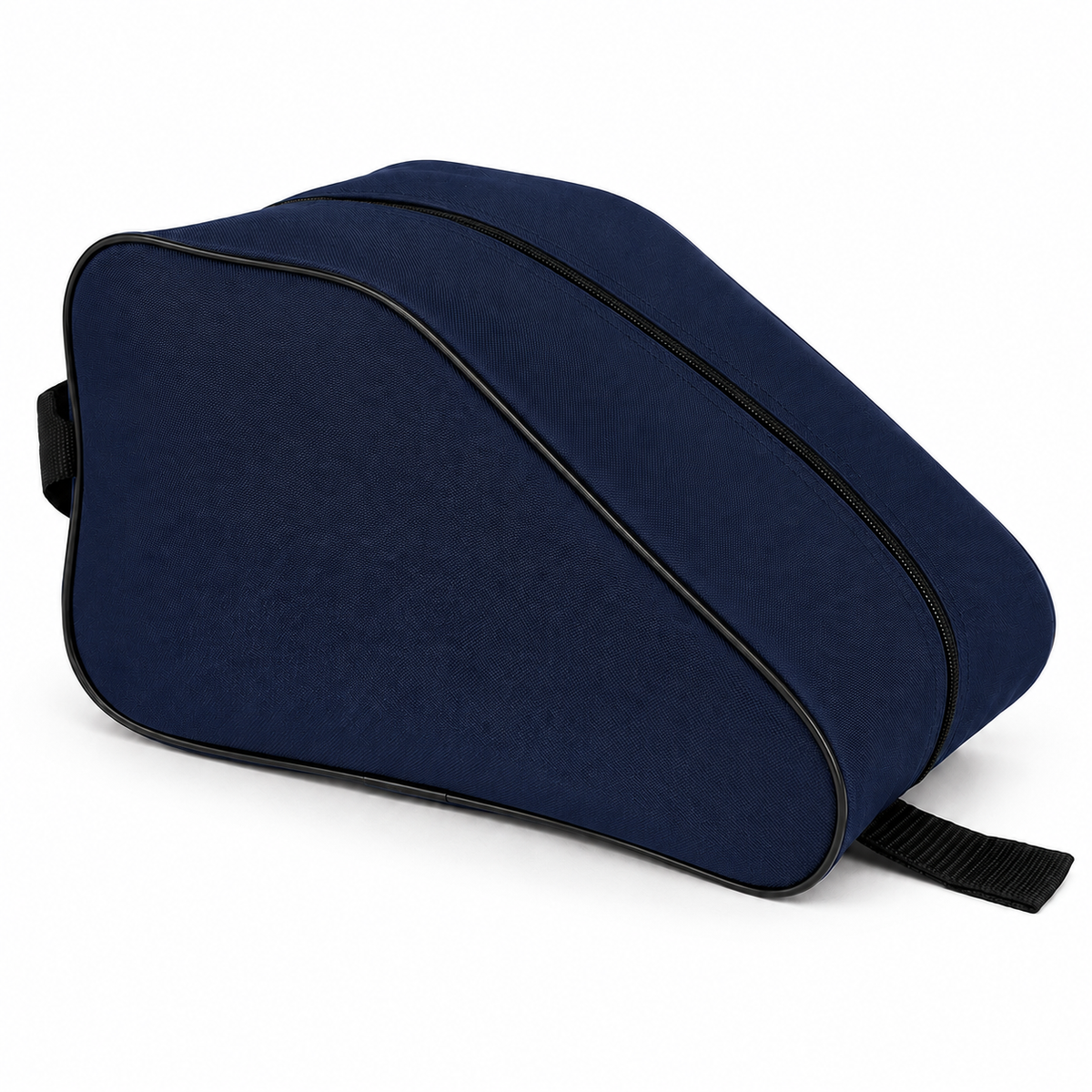 Navy waterproof boot bag with a curved zip opening and durable fabric finish.