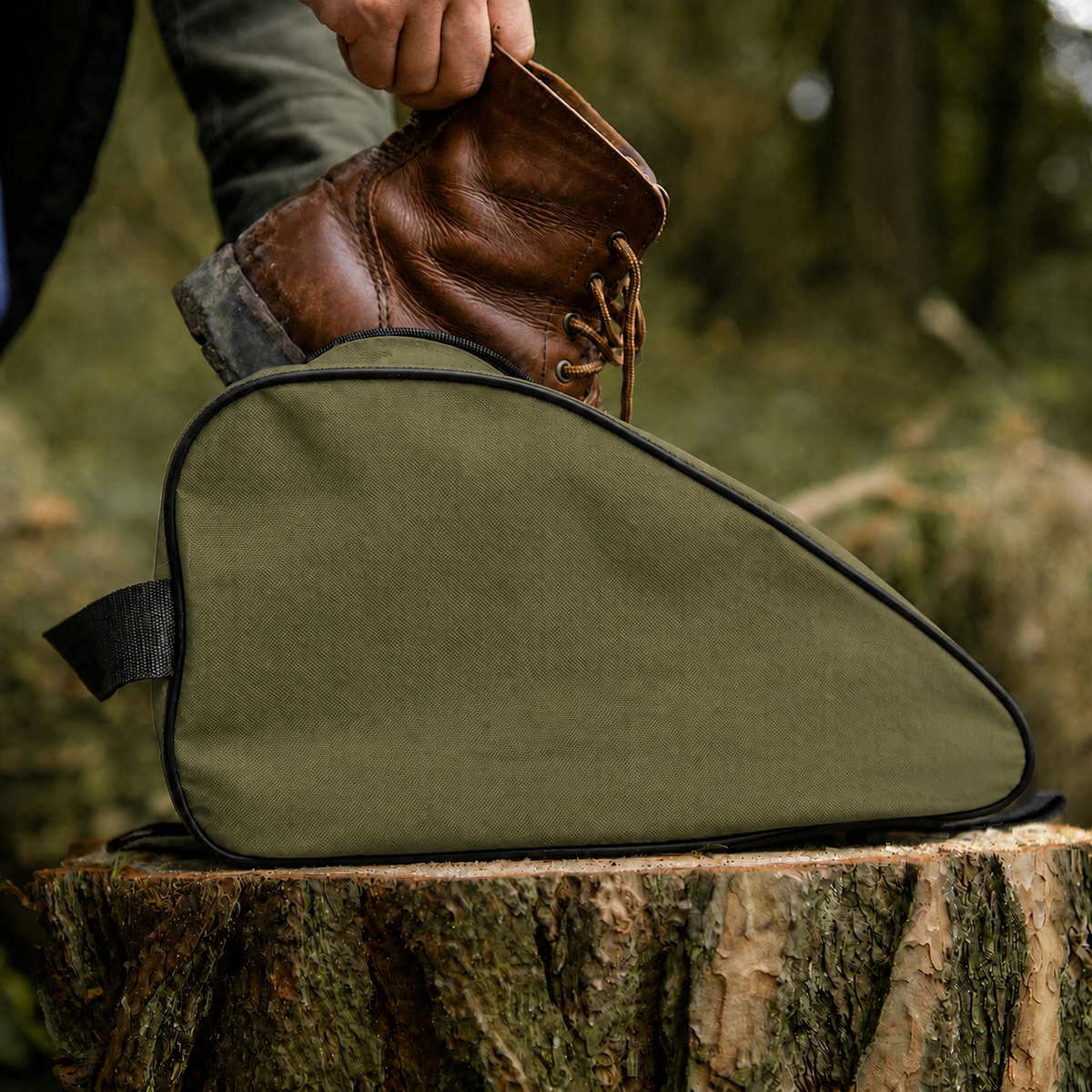 Olive waterproof boot bag with a curved zip opening and durable fabric finish.