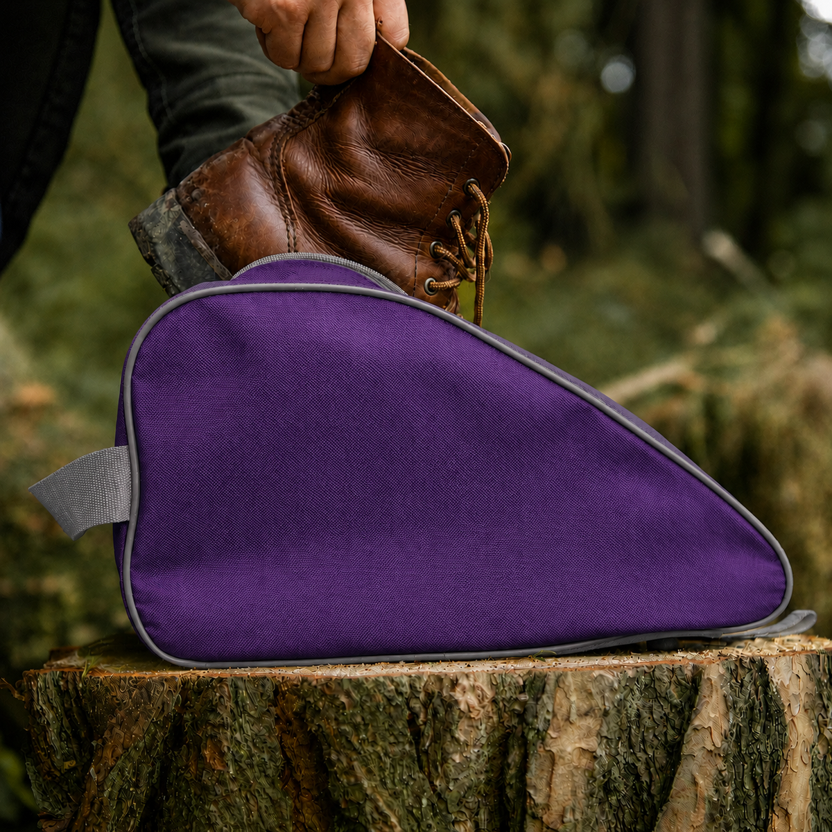Purple waterproof boot bag with a curved zip opening and durable fabric finish.