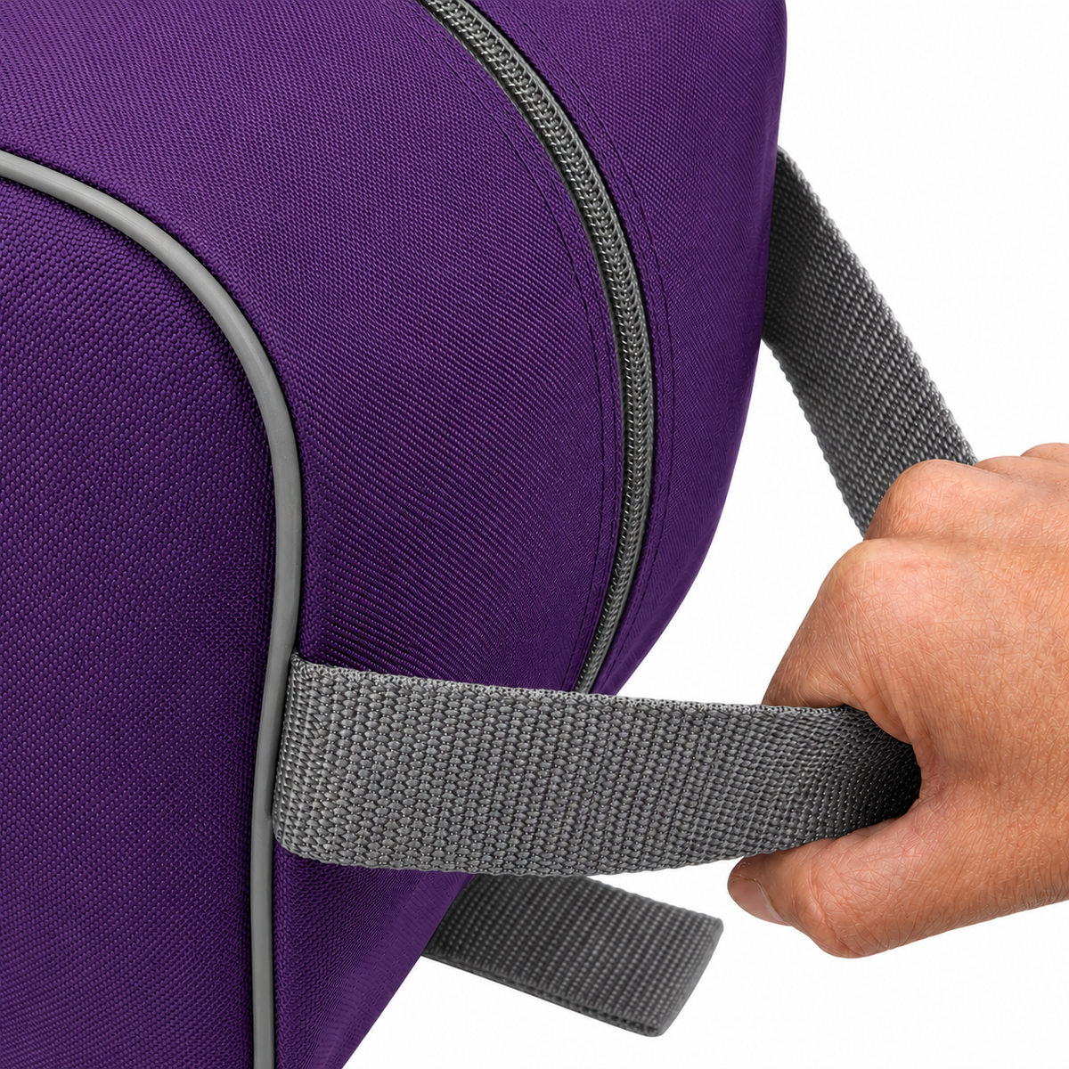 Purple waterproof boot bag with a curved zip opening and durable fabric finish.