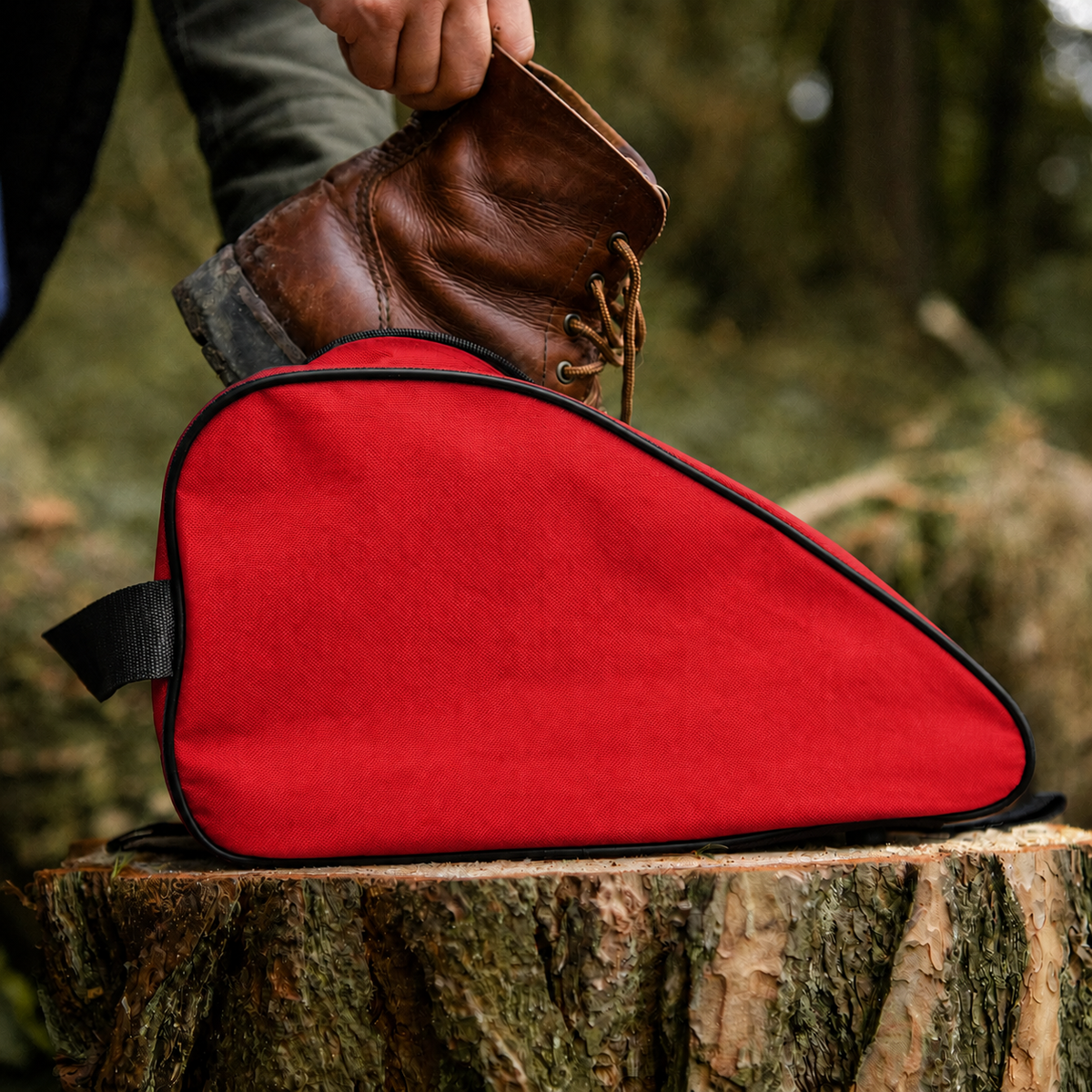 Red  waterproof boot bag with a curved zip opening and durable fabric finish.