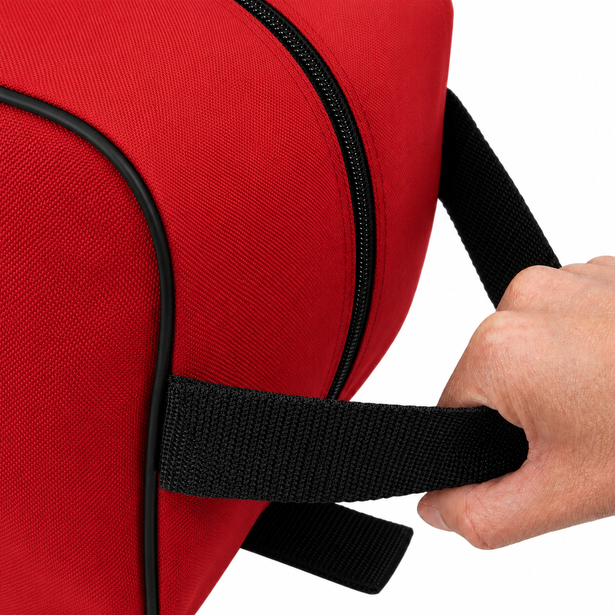 Red waterproof boot bag with a curved zip opening and durable fabric finish