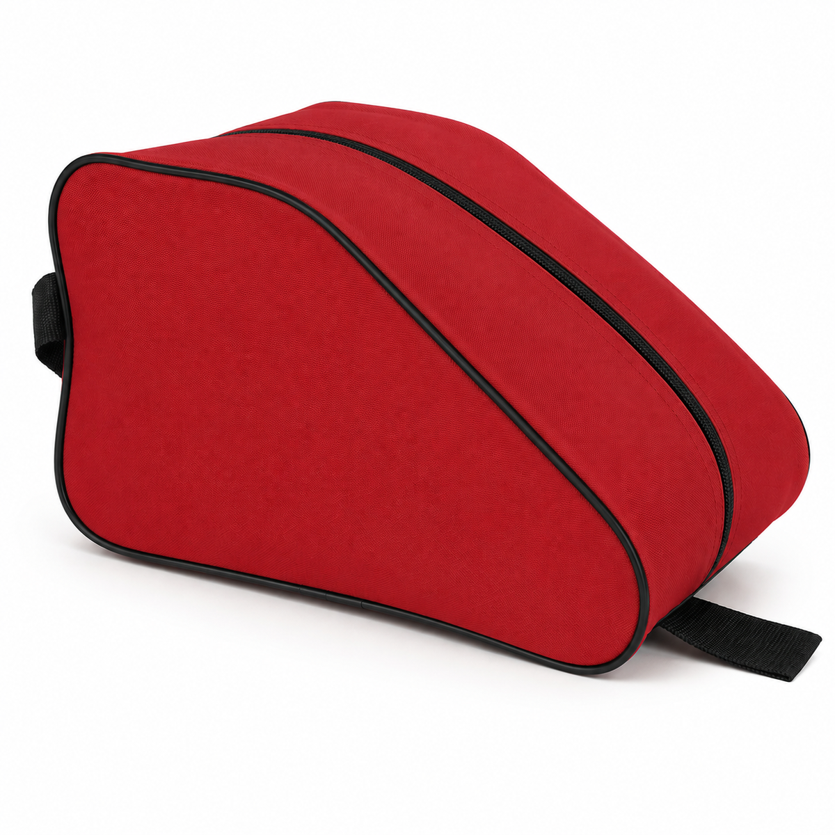 Red waterproof boot bag with a curved zip opening and durable fabric finish