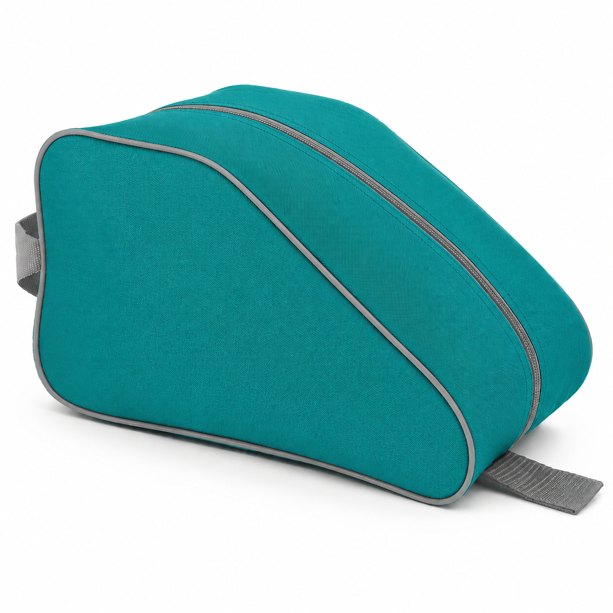 Teal waterproof boot bag with a curved zip opening and durable fabric finish