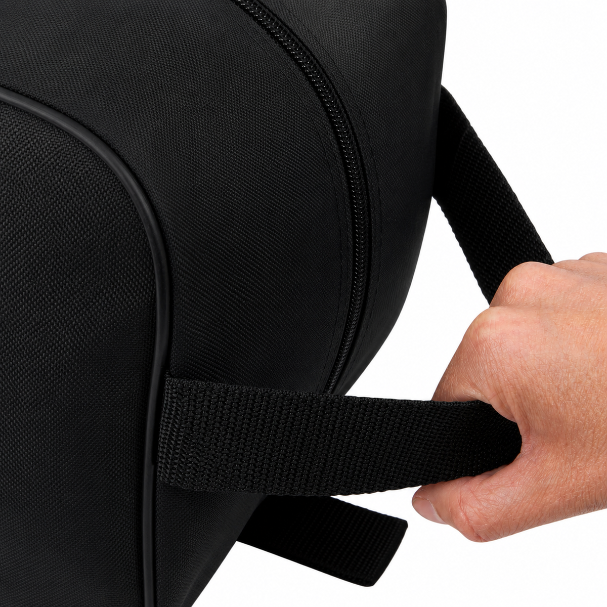 Black waterproof boot bag with a curved zip opening and durable fabric finish