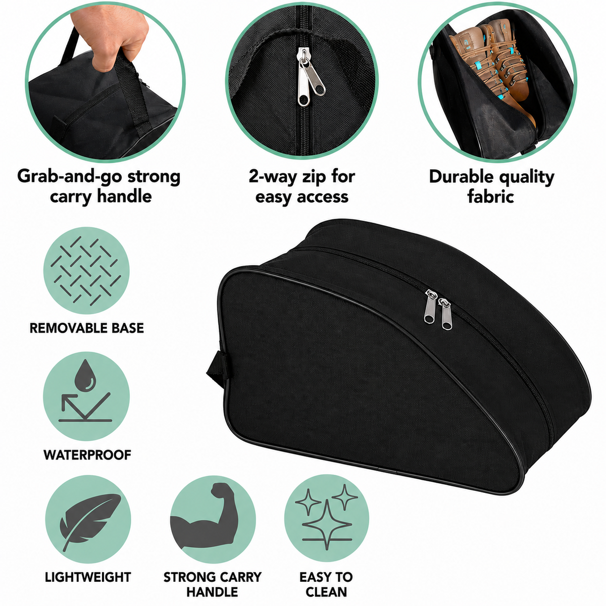 Black waterproof boot bag with a curved zip opening and durable fabric finish