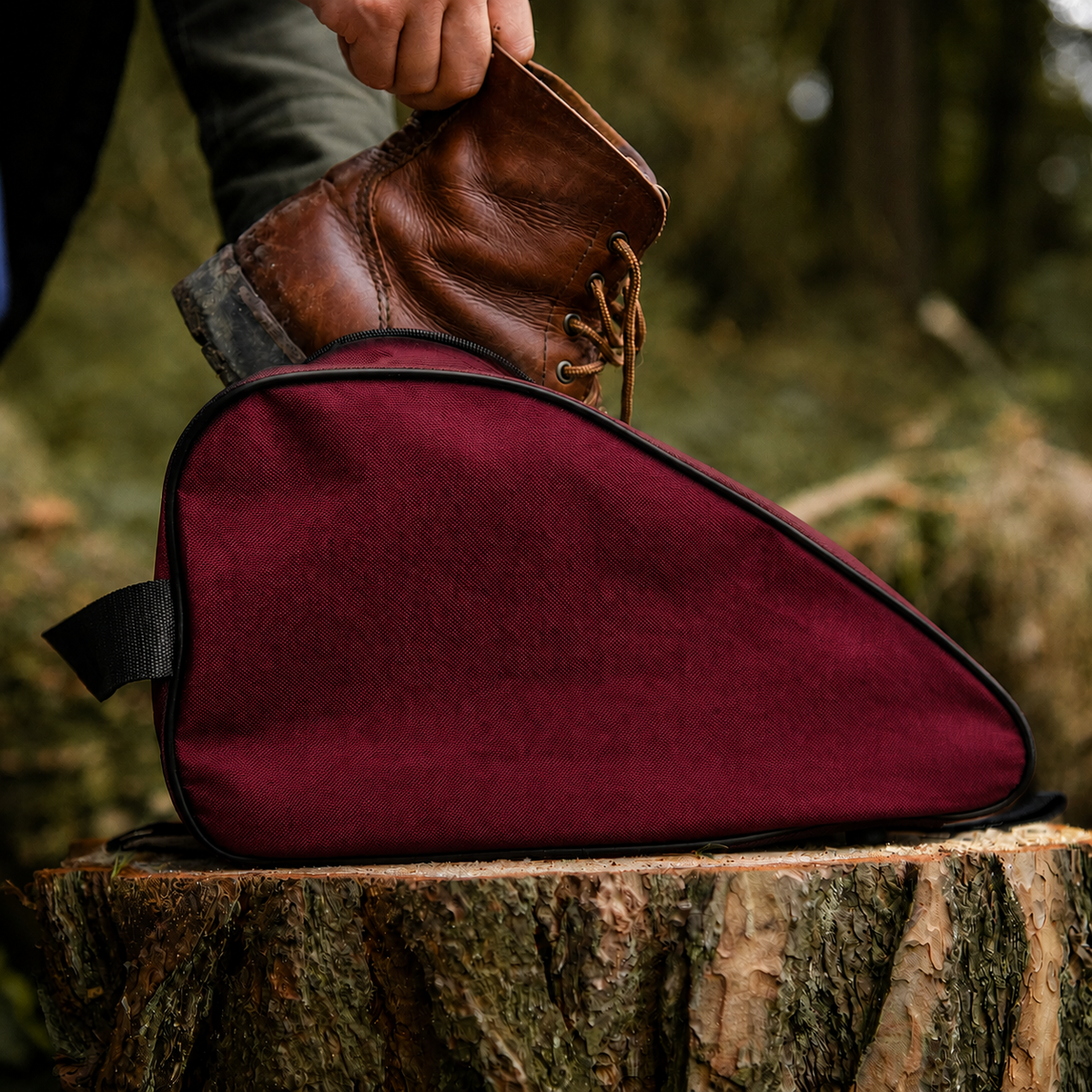 Burgundy waterproof boot bag with a curved zip opening and durable fabric finish