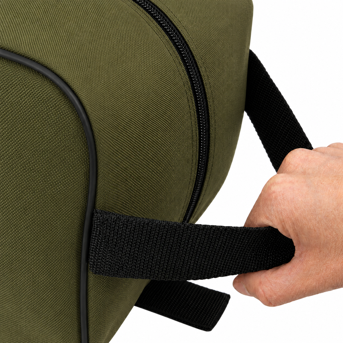 Olive waterproof boot bag with a curved zip opening and durable fabric finish.