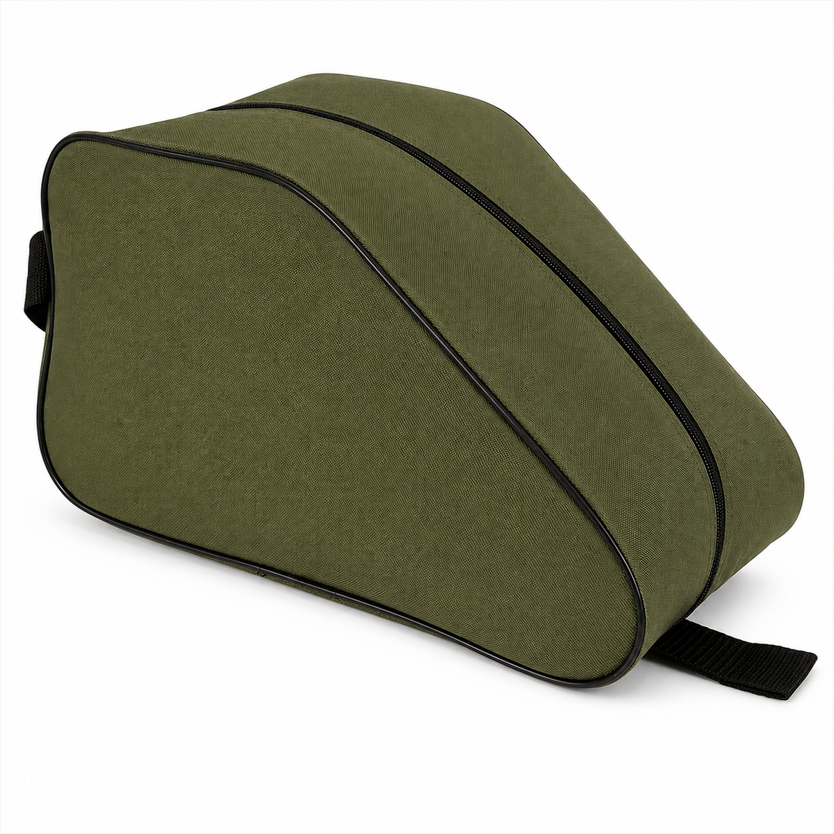 Olive waterproof boot bag with a curved zip opening and durable fabric finish.