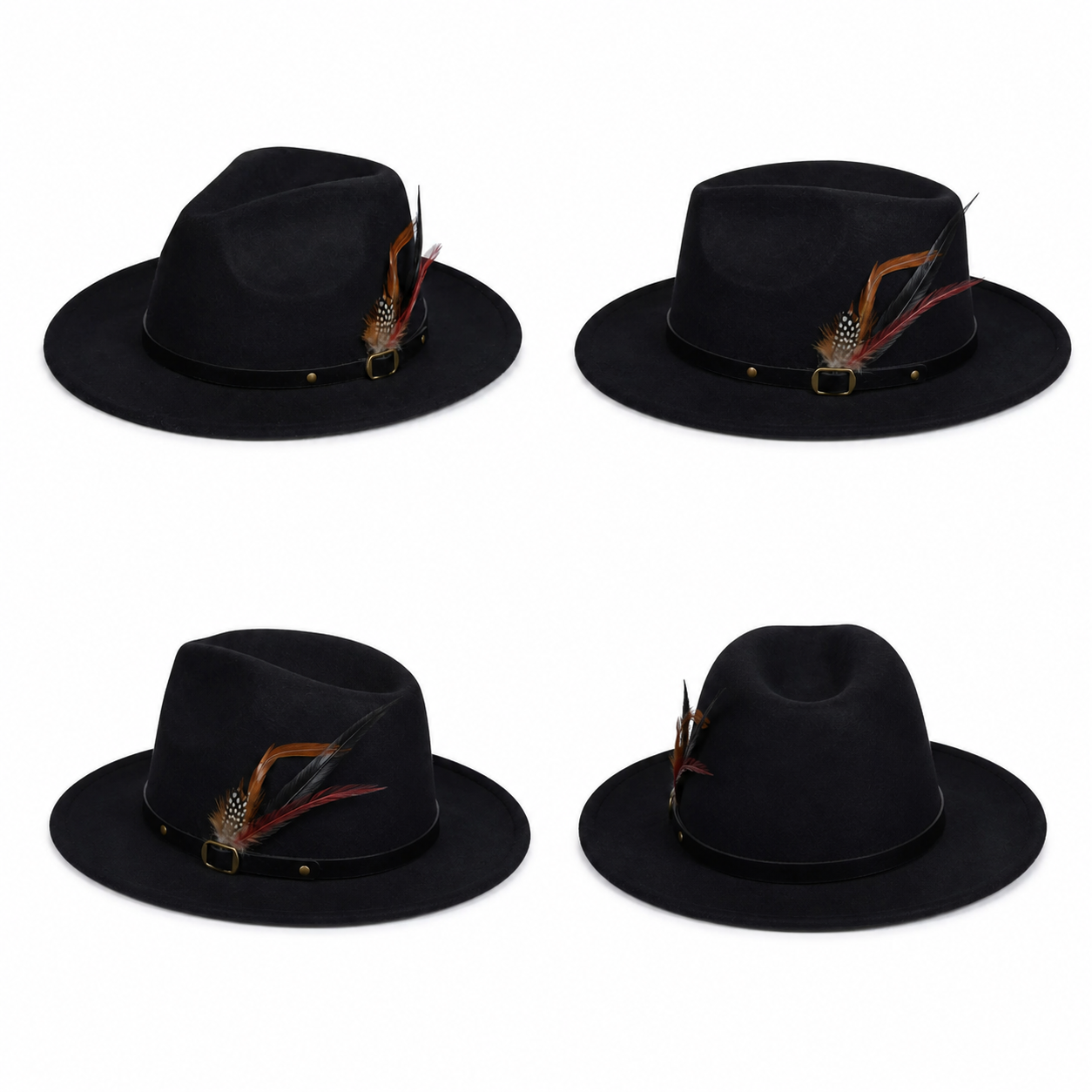 Black wide brim felt fedora hat with leather band and feather accent