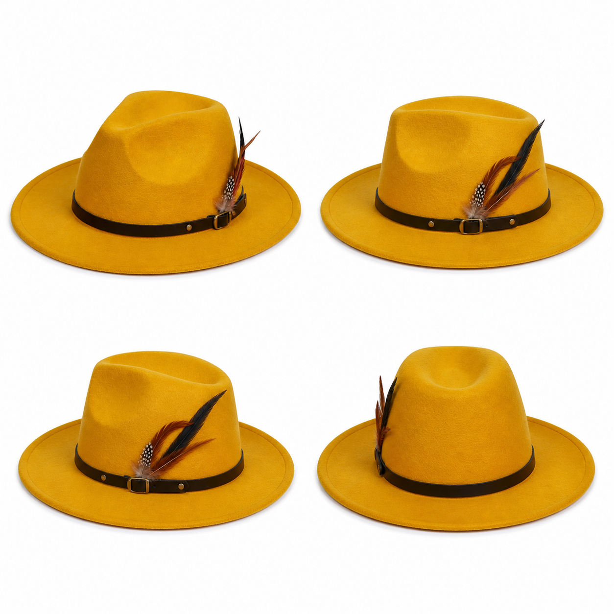 Mustard yellow wide brim felt fedora hat with leather band and feather accent
