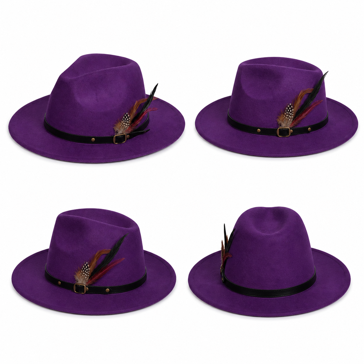 Purple wide brim felt fedora hat with leather band and feather accent