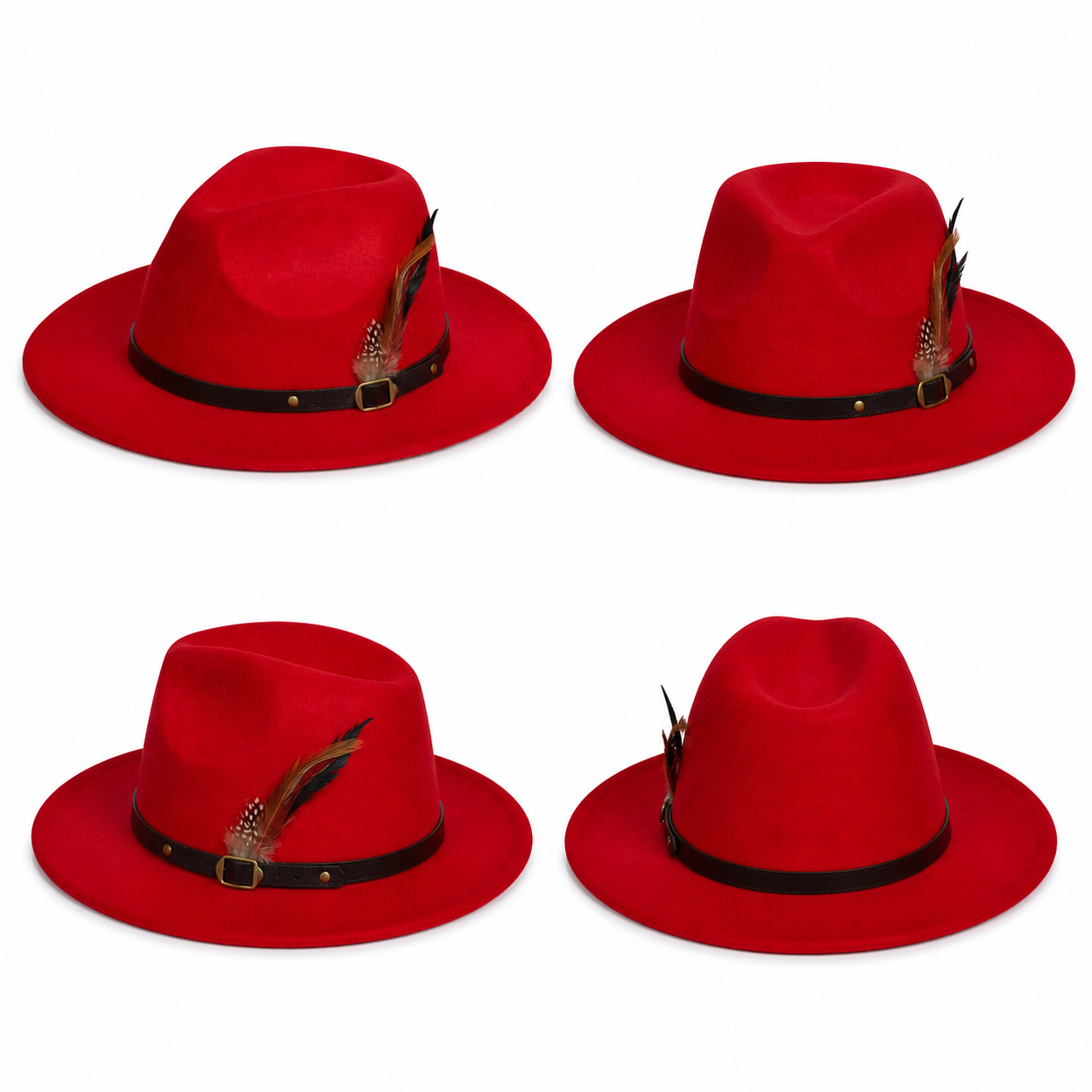 Bright red wide brim felt fedora hat with leather band and feather detail