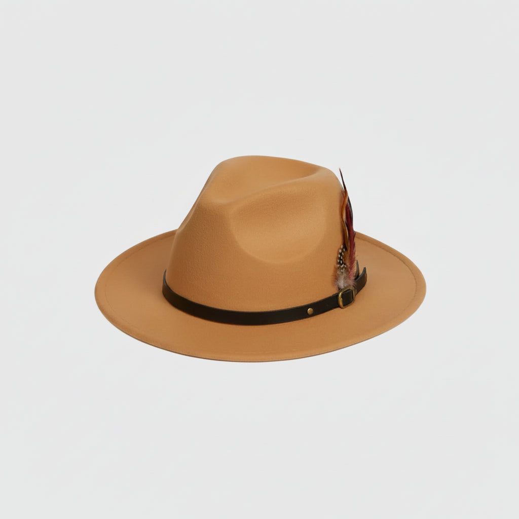 Beige wide brim felt fedora hat with leather band and feather detail