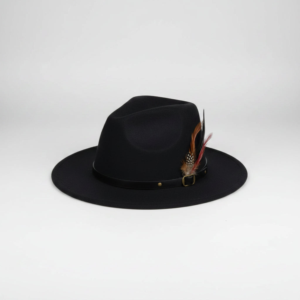 Black wide brim felt fedora hat with leather band and feather accent