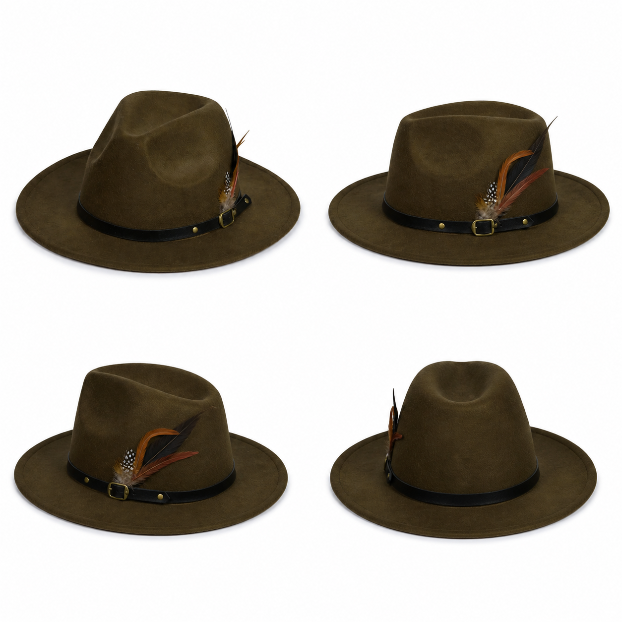 Forest green wide brim felt fedora hat with leather band and feather trim