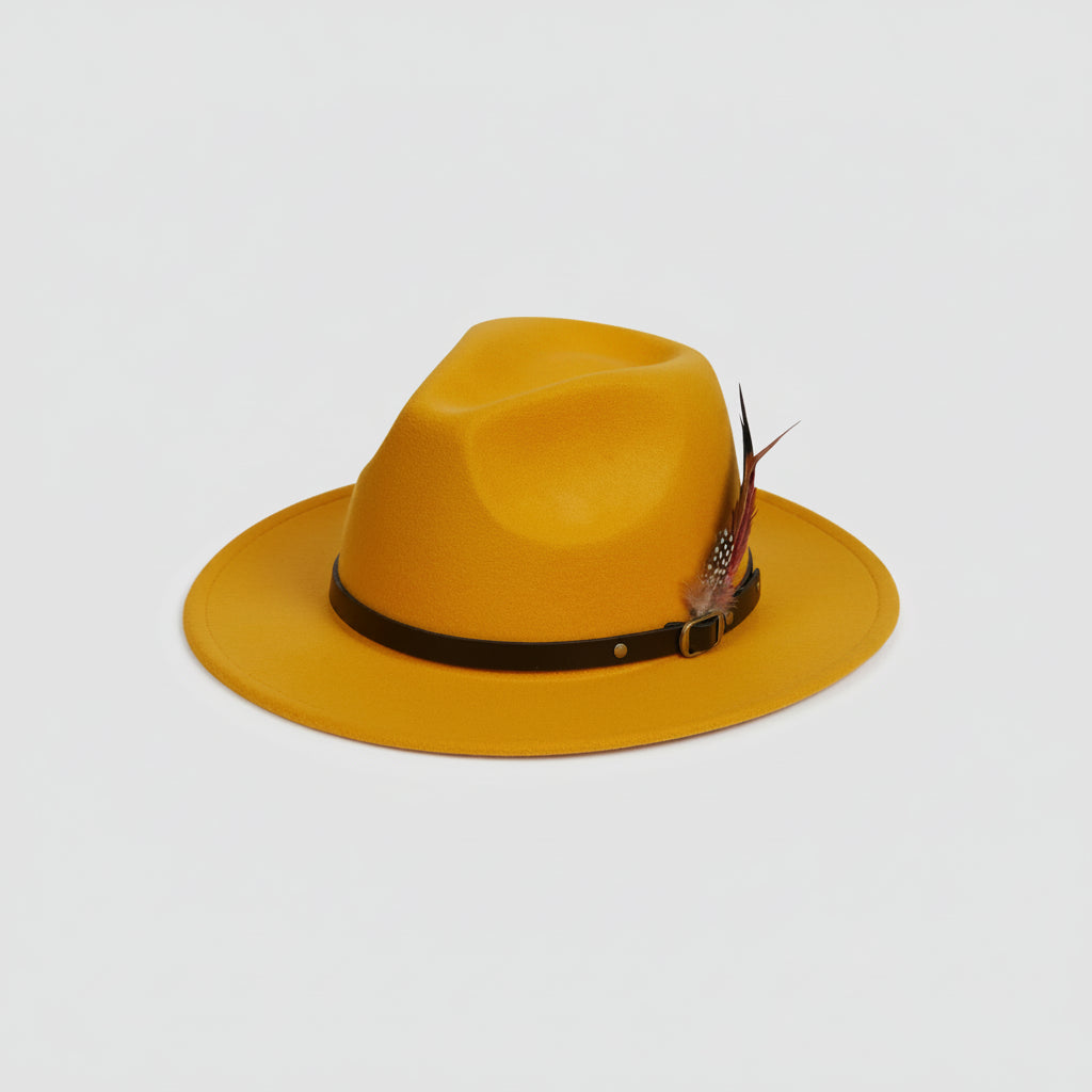 Mustard yellow wide brim felt fedora hat with leather band and feather accent