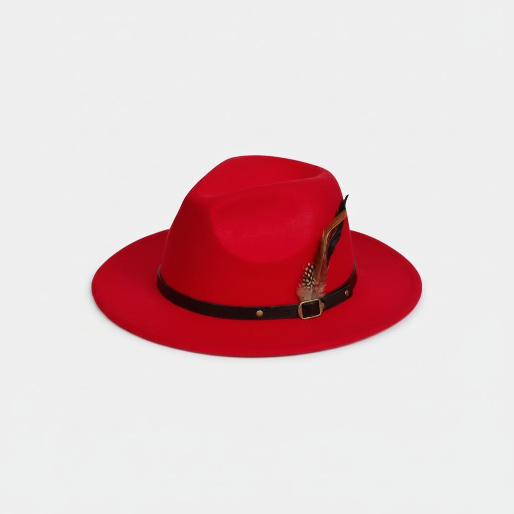 Bright red wide brim felt fedora hat with leather band and feather detail
