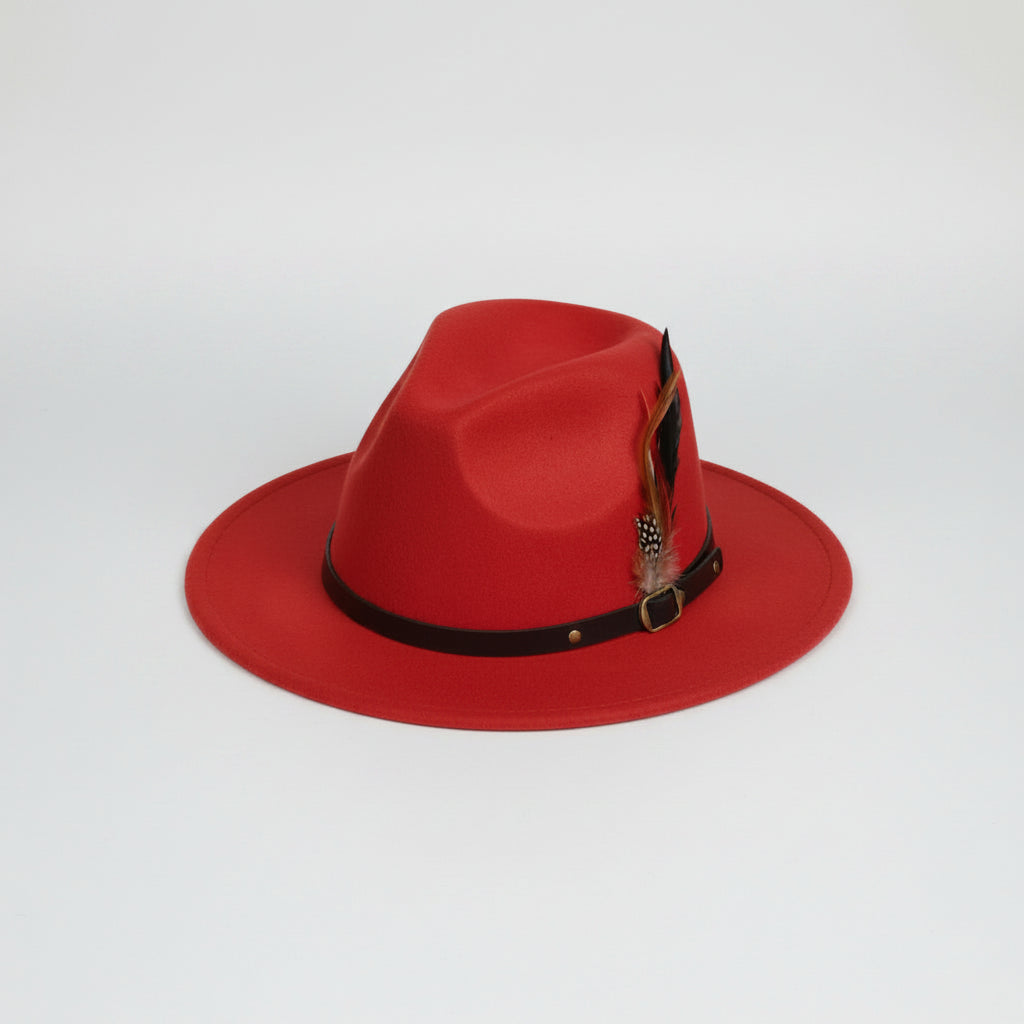Rust red wide brim felt fedora hat with leather band and feather accent