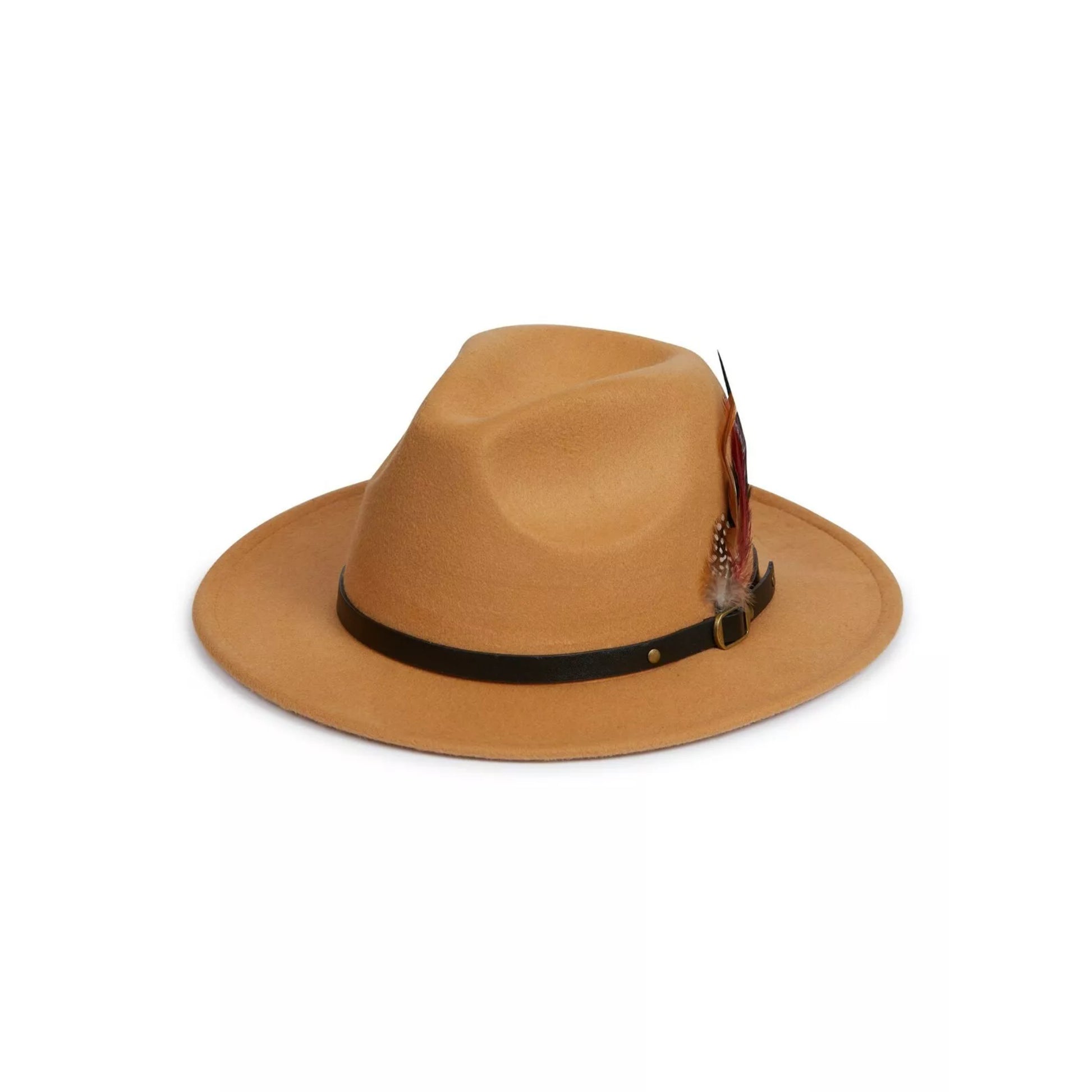 Nicky Adams unisex beige wide brim fedora hat with black band and feather detail