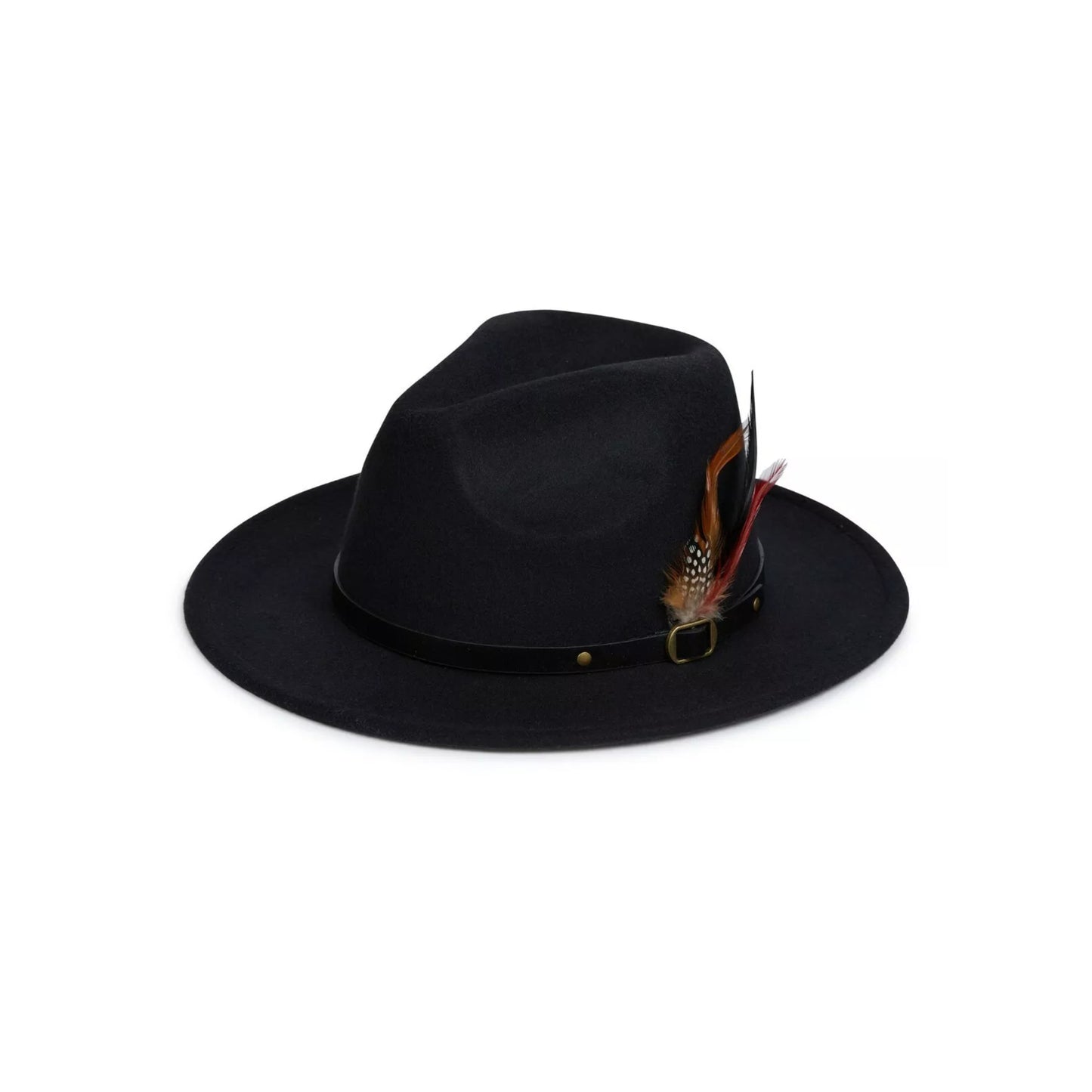 Nicky Adams unisex black wide brim fedora hat with black band and feather detail