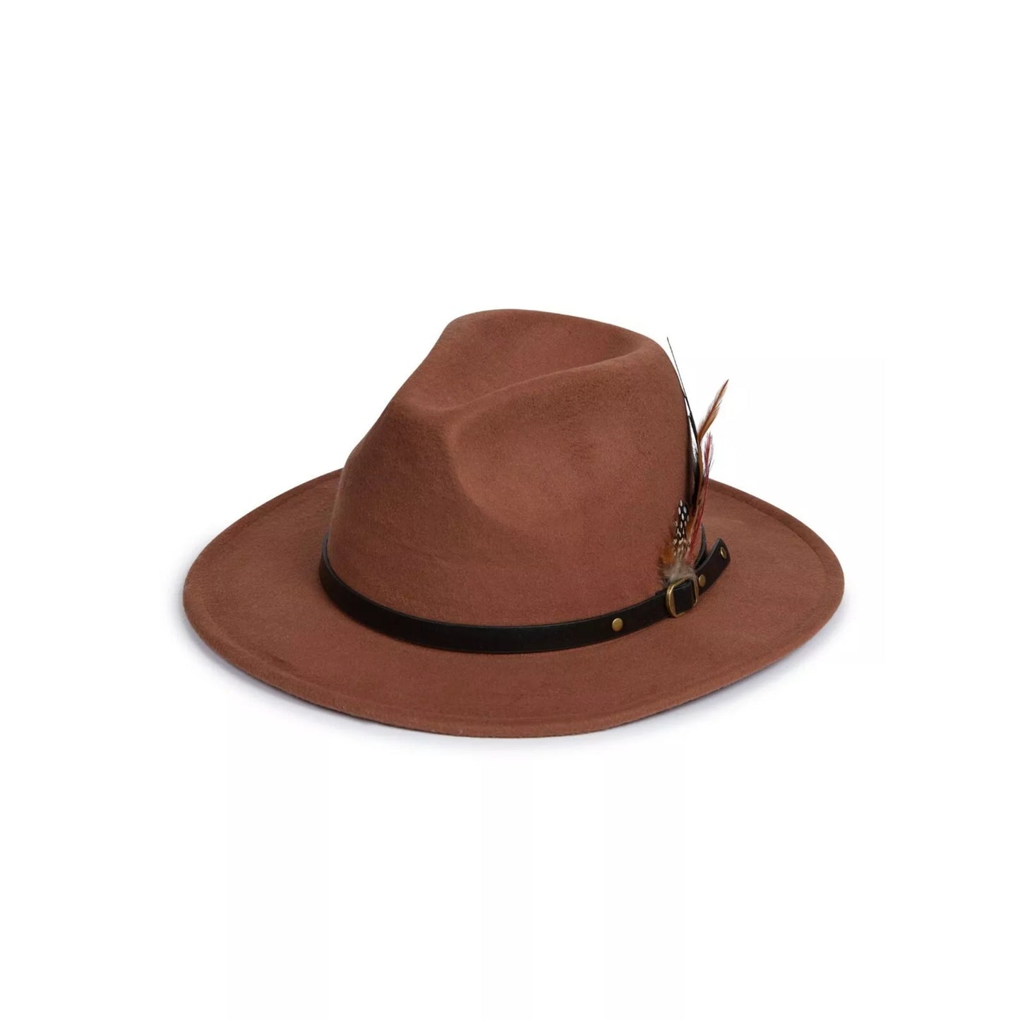 Nicky Adams unisex soft brown wide brim fedora hat with black band and feather detail