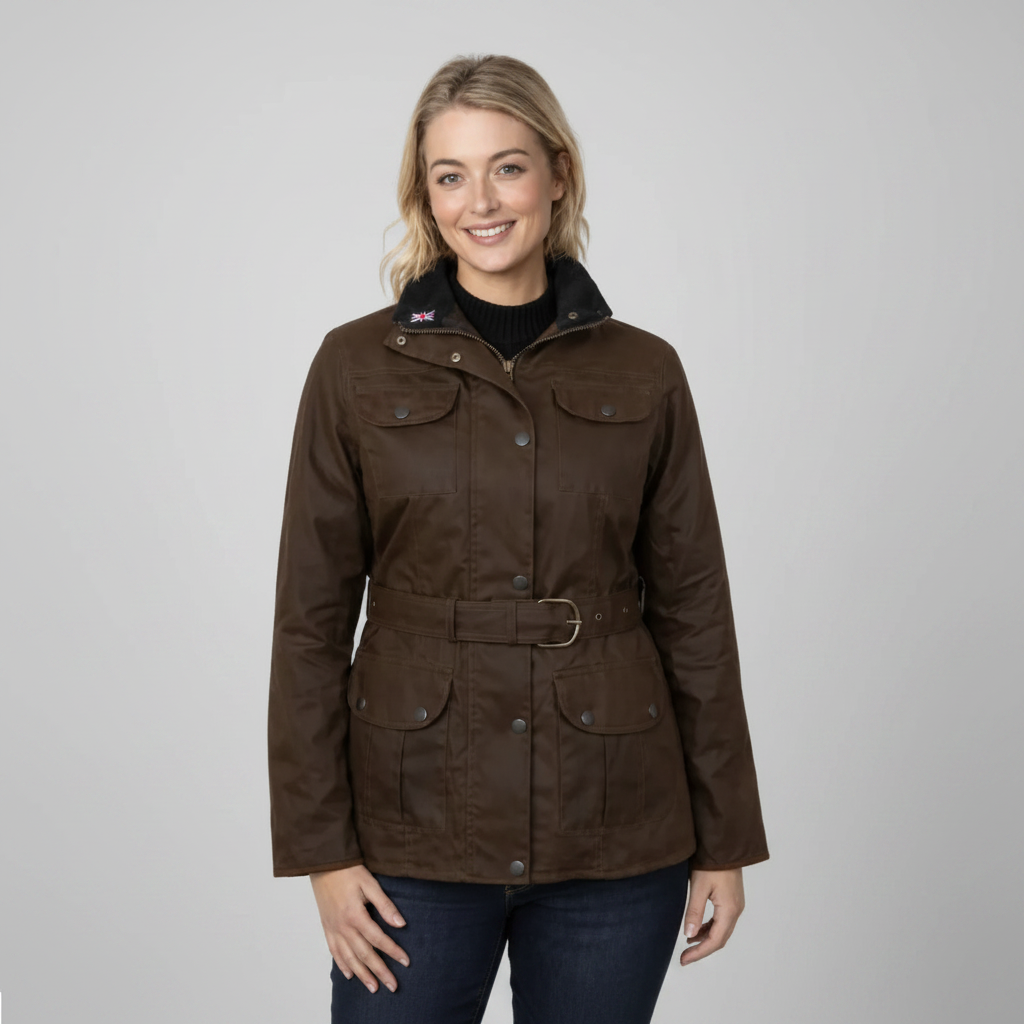 Nicky Adams Countrywear ladies brown fitted belted wax jacket with pockets and stud fastening
