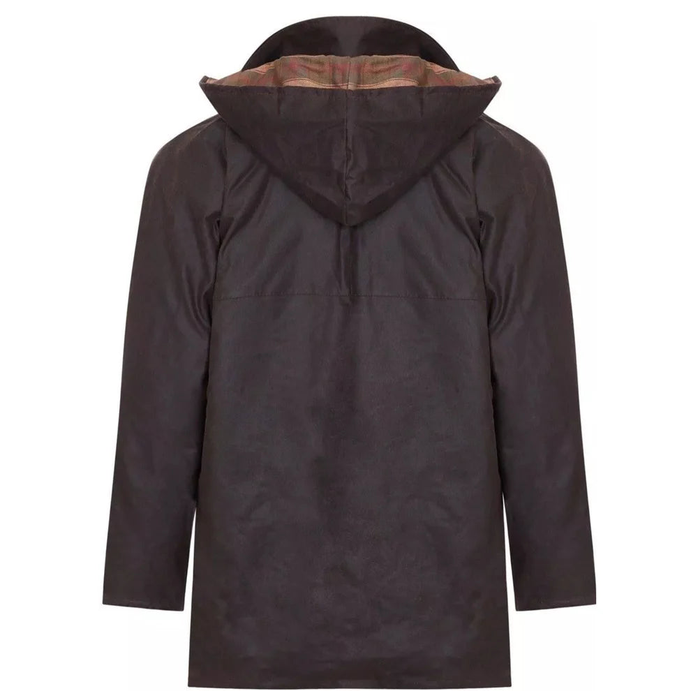 Shop the Nicky Adams 100% Waterproof Wax Jacket featuring a classic British design, checked lining, corduroy collar, adjustable hood, and durable all-weather protection