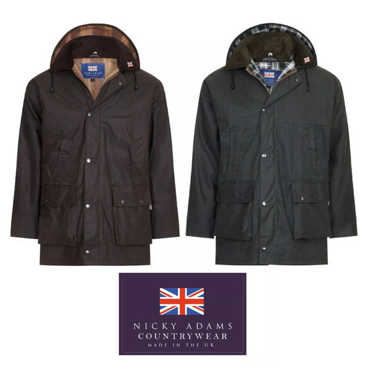 Nicky Adams men's olive green and brown padded wax jacket with hood, corduroy collar, and multiple pockets – classic British country outerwear