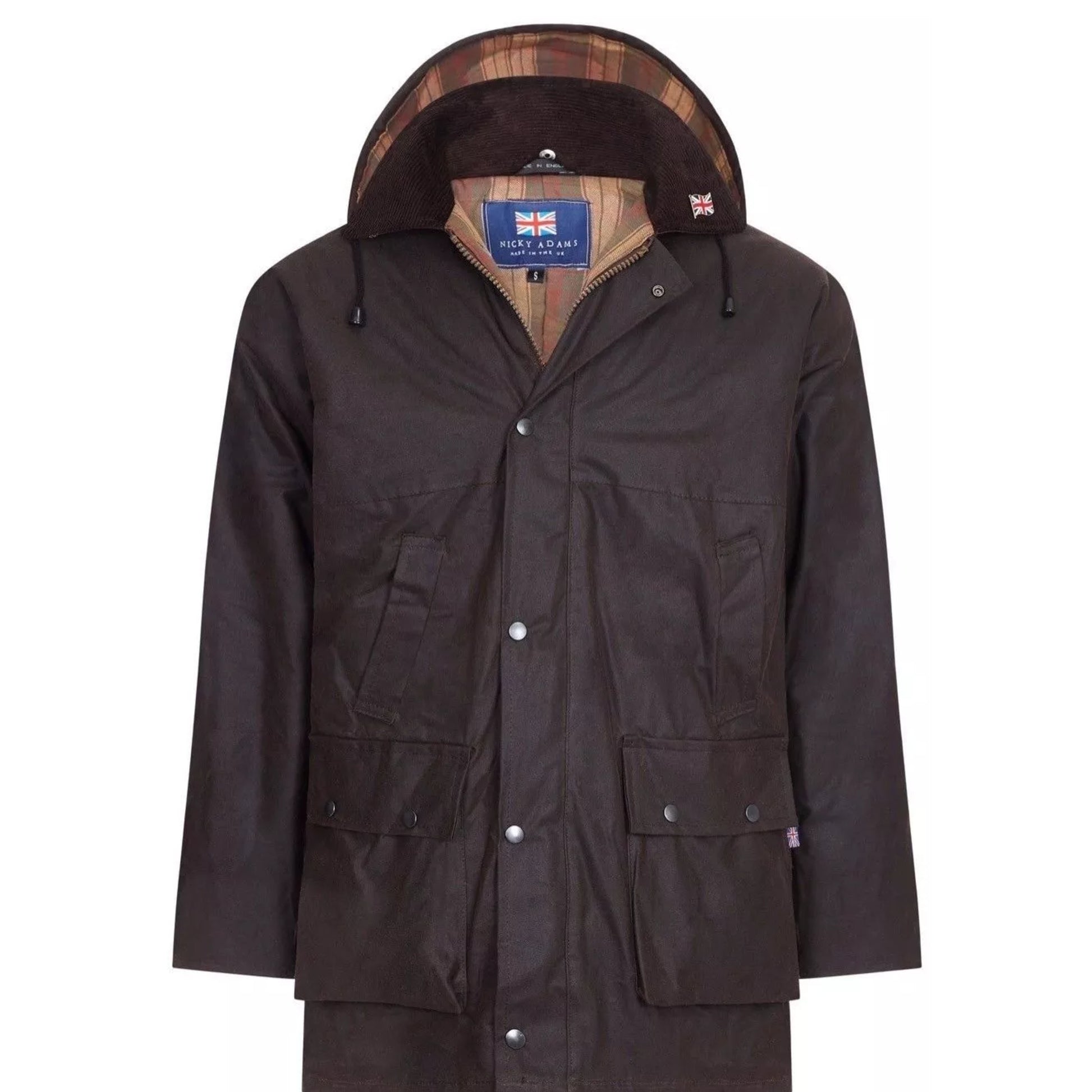 Nicky Adams men's brown padded wax jacket with hood, corduroy collar, and multiple pockets – classic British country outerwear