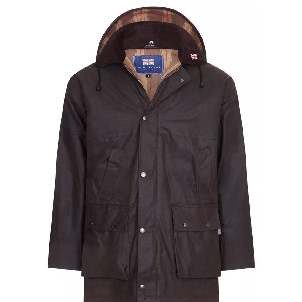 Shop the Nicky Adams 100% Waterproof Wax Jacket featuring a classic British design, checked lining, corduroy collar, adjustable hood, and durable all-weather protection