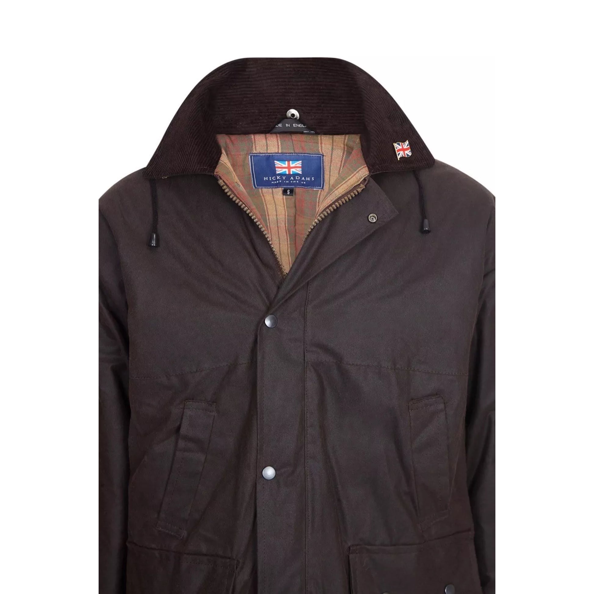 Nicky Adams men's brown padded wax jacket with hood, corduroy collar, and multiple pockets – classic British country outerwear