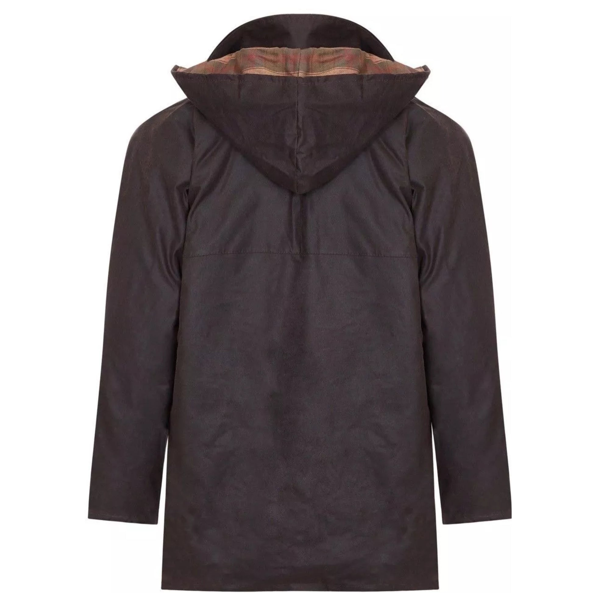 Nicky Adams men's brown padded wax jacket with hood, corduroy collar, and multiple pockets – classic British country outerwear