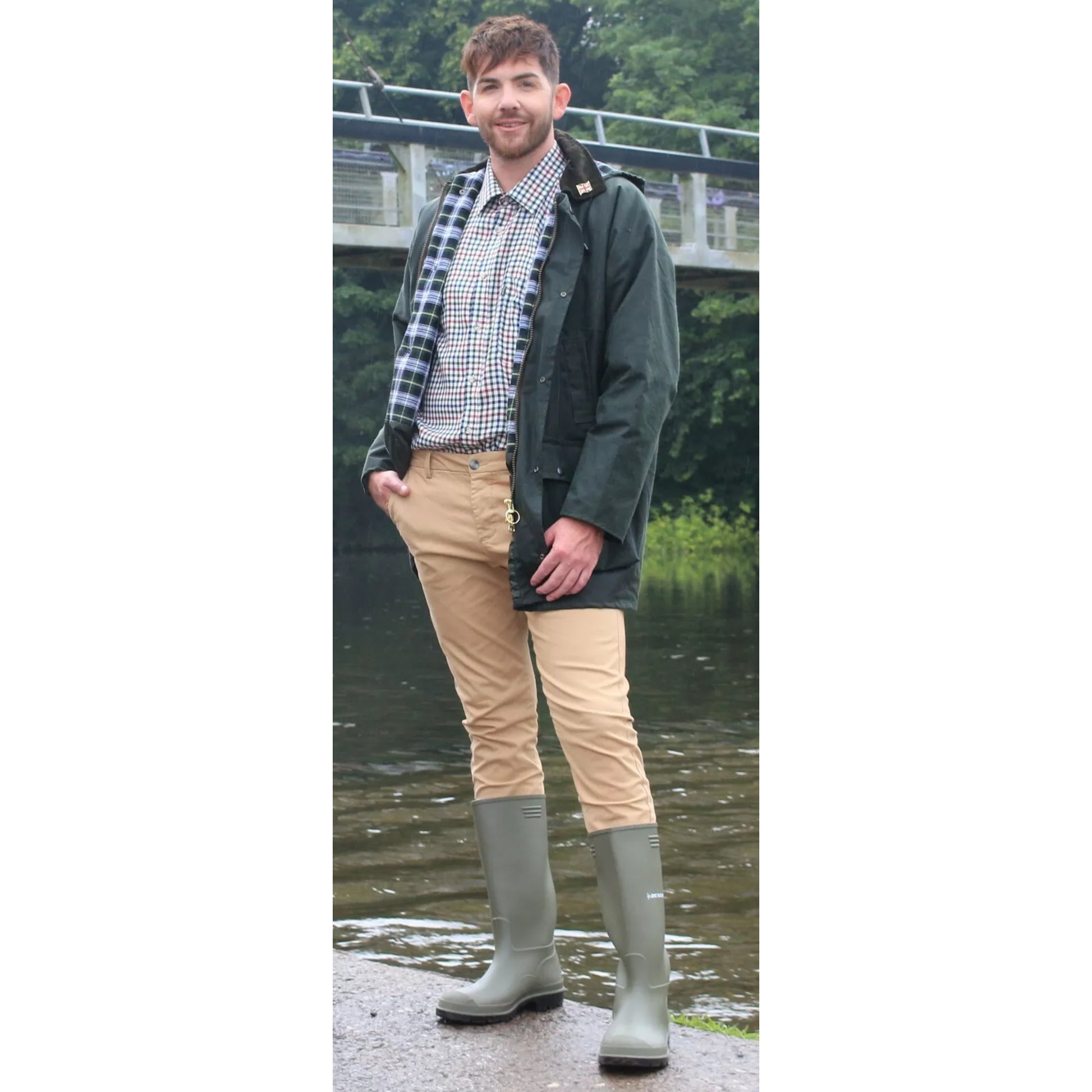 Nicky Adams men's olive green padded wax jacket with hood, corduroy collar, and multiple pockets – classic British country outerwear