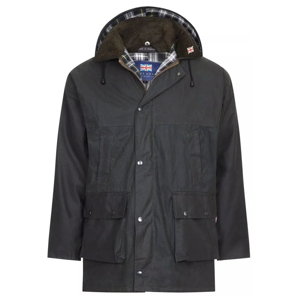 Shop the Nicky Adams 100% Waterproof Wax Jacket featuring a classic British design, checked lining, corduroy collar, adjustable hood, and durable all-weather protection.