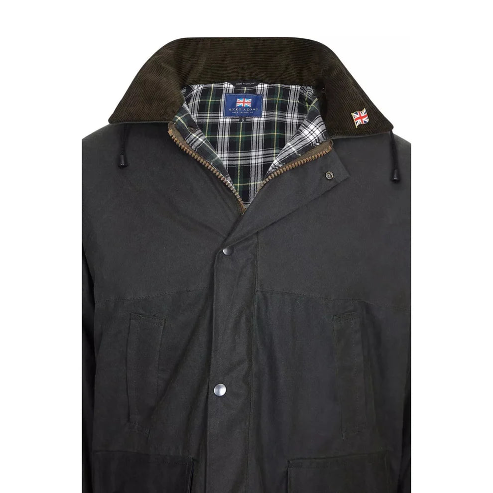 Shop the Nicky Adams 100% Waterproof Wax Jacket featuring a classic British design, checked lining, corduroy collar, adjustable hood, and durable all-weather protection.