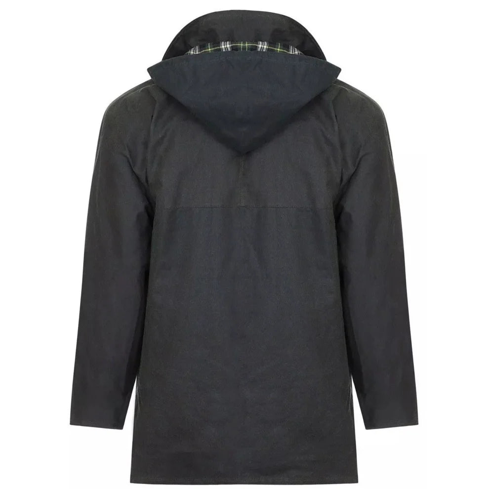 Shop the Nicky Adams 100% Waterproof Wax Jacket featuring a classic British design, checked lining, corduroy collar, adjustable hood, and durable all-weather protection.