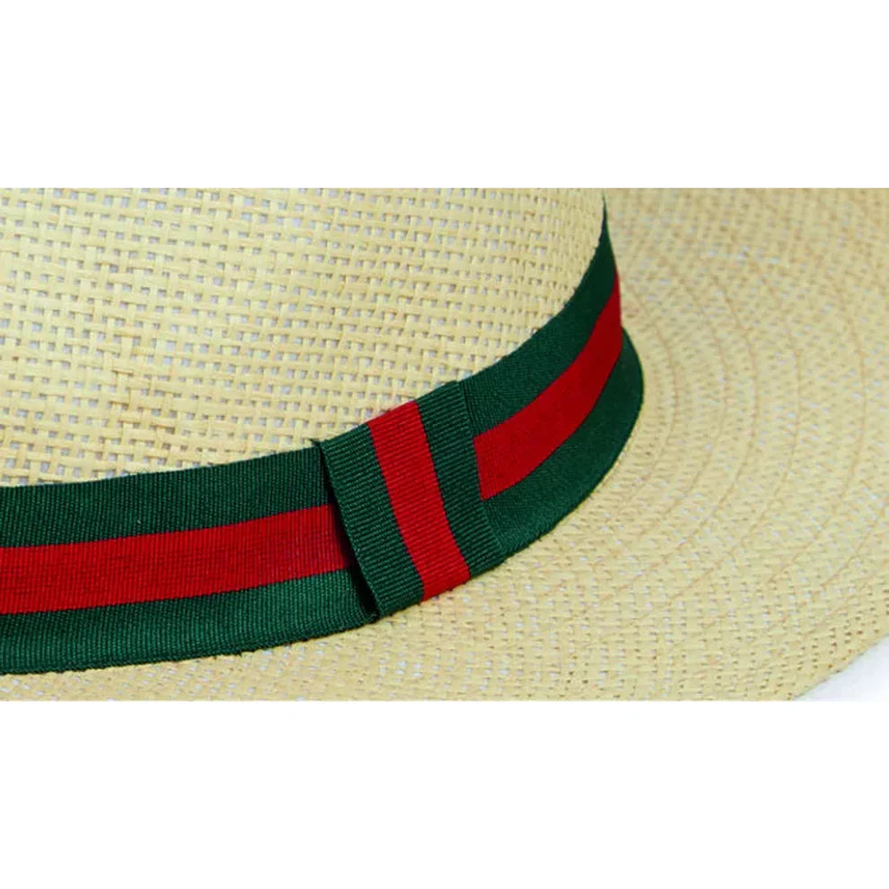 Beige Panama Hat with Green & Red Band – "Beige woven Panama style sun hat with green and red striped ribbon band"