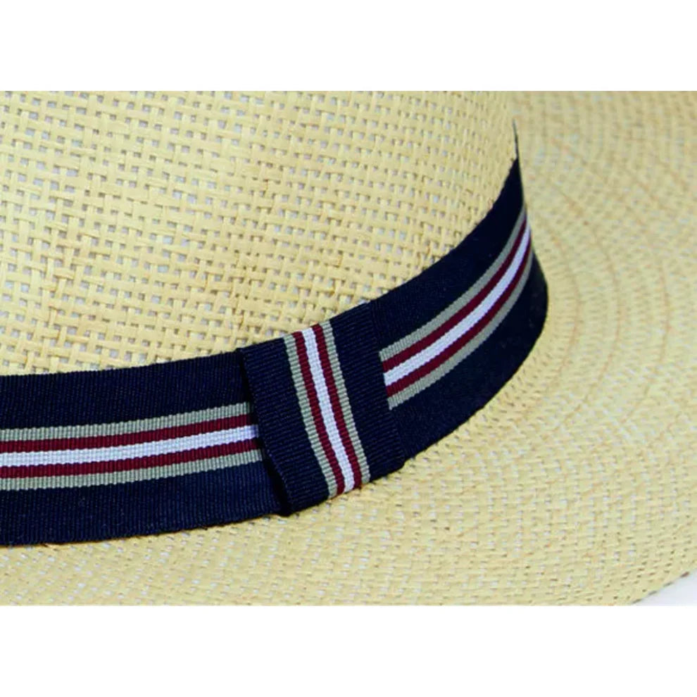 Beige Panama Hat with Navy Stripe Band – "Beige woven Panama style sun hat with navy, red and white striped ribbon band"