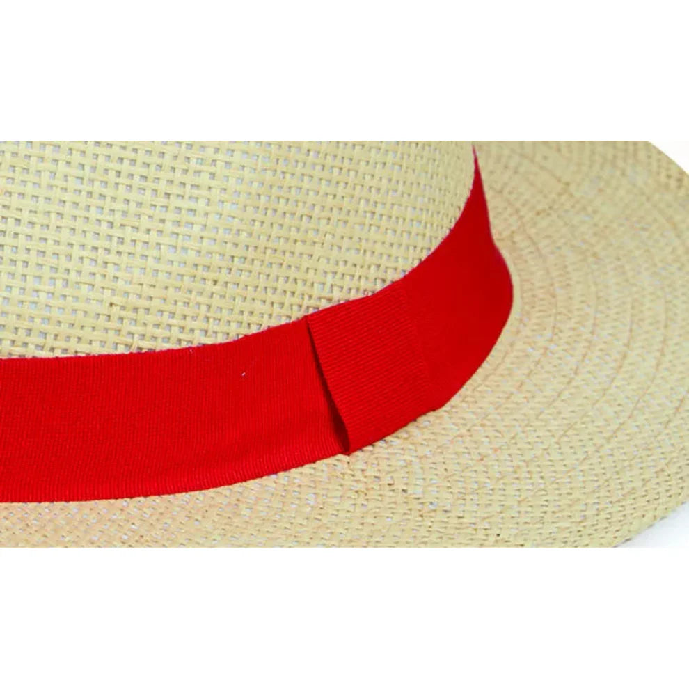 Beige Panama Hat with Red Band – "Beige woven Panama style sun hat with bright red ribbon band and wide brim"