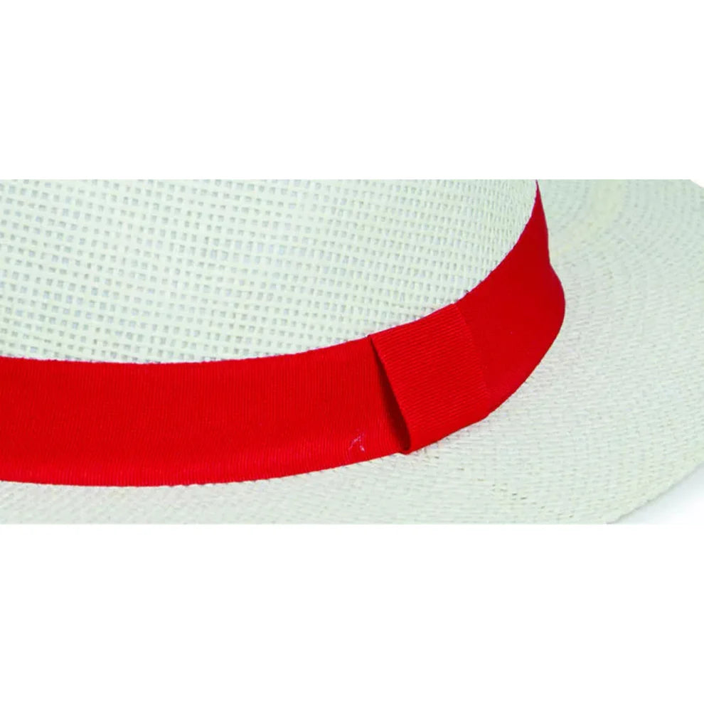 Cream Panama Hat with Red Band – "Cream woven Panama style sun hat with bright red ribbon band and wide brim"