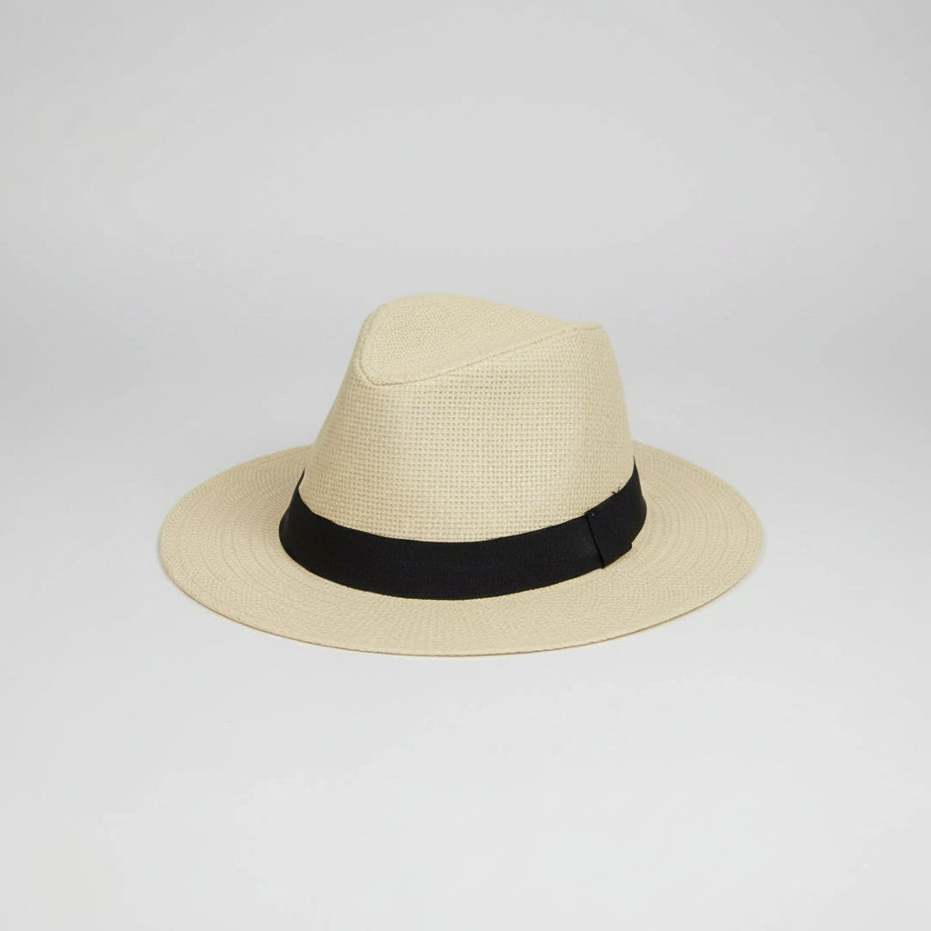 Beige Panama Hat with Black Band – Beige woven Panama style sun hat with black ribbon band and wide brim