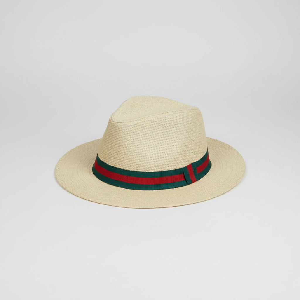 Beige Panama Hat with Green & Red Band – "Beige woven Panama style sun hat with green and red striped ribbon band"