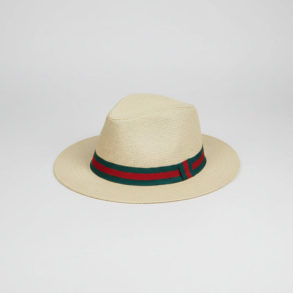 Nicky Adams Panama Sun Hat (Beige / Green/Red Band)