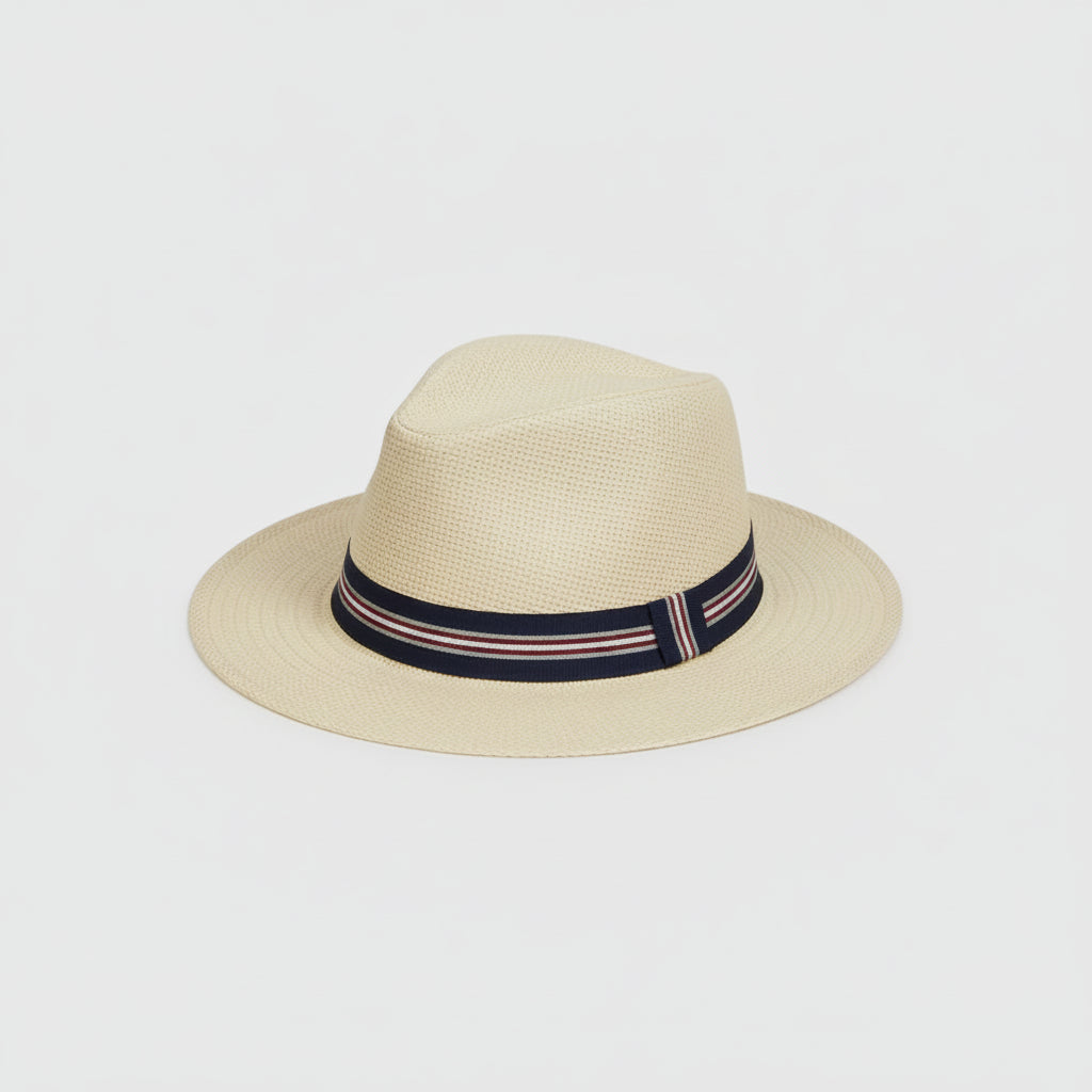 Beige Panama Hat with Navy Stripe Band – "Beige woven Panama style sun hat with navy, red and white striped ribbon band"