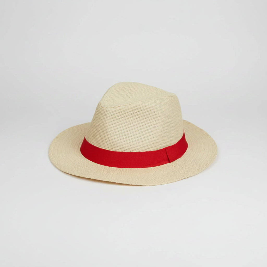 Beige Panama Hat with Red Band – "Beige woven Panama style sun hat with bright red ribbon band and wide brim"