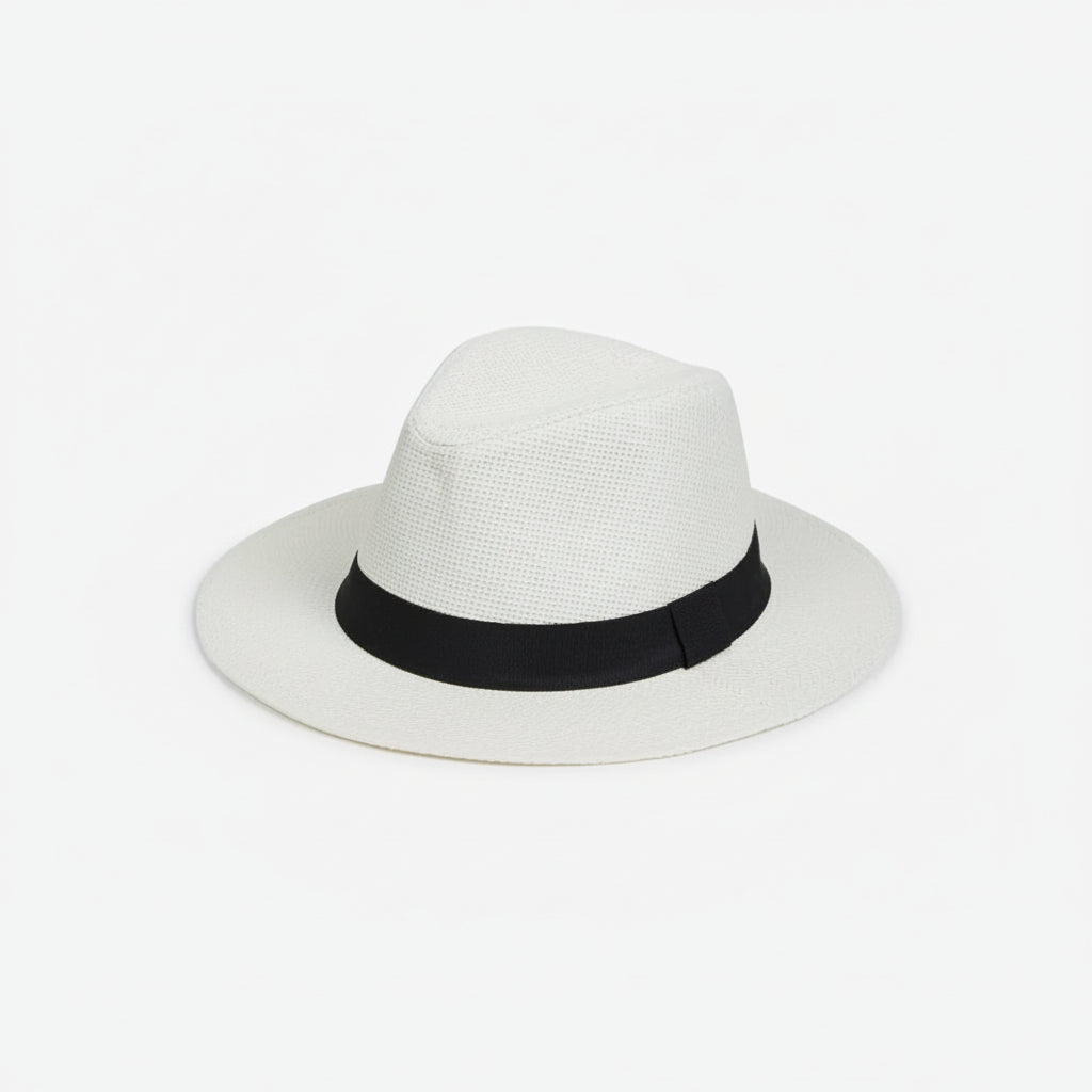 Cream Panama Hat with Black Band – "Cream woven Panama style sun hat with black ribbon band and wide brim"
